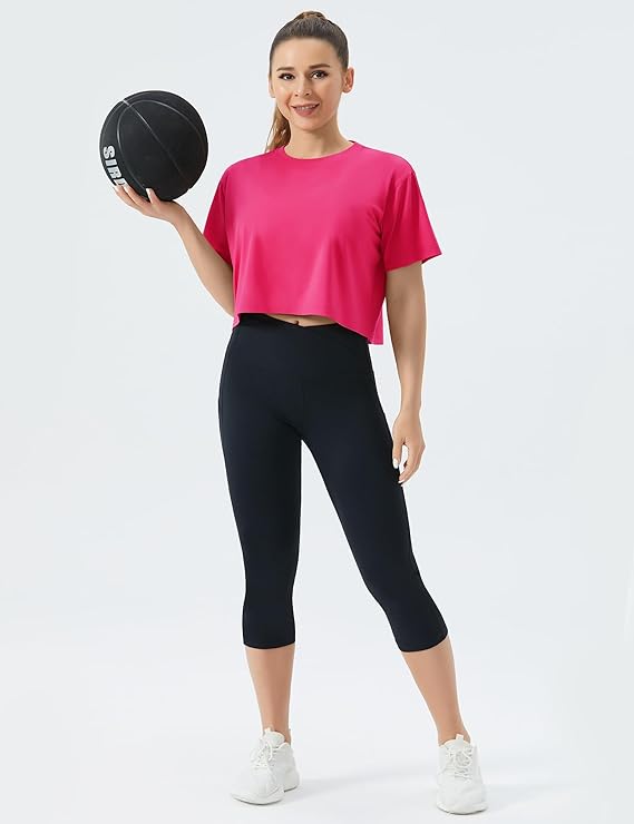 Women's Workout Gym Crop Top T-Shirt Yoga Running Cropped Basic Tee Pink