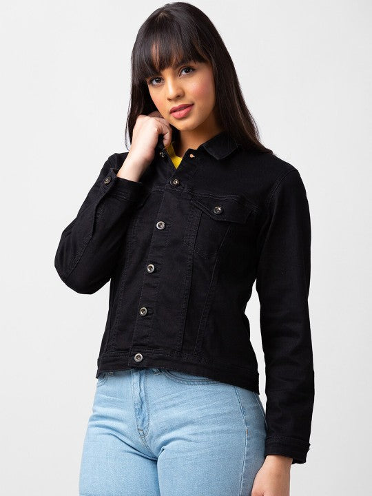 Women Spread Collar Regular Fit Denim Jacket