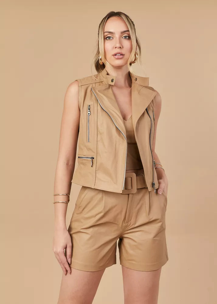 HB INDUSTRIES Taupe Women's Biker Genuine Leather Vest