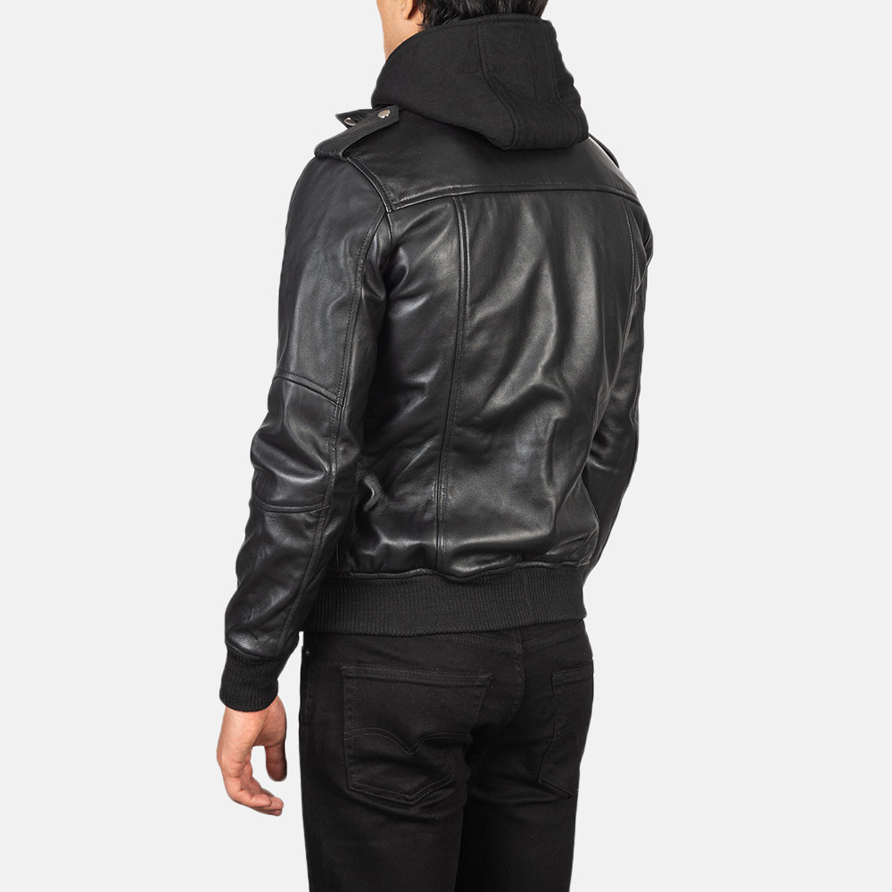 Black Hooded Genuine Leather Bomber Jacket