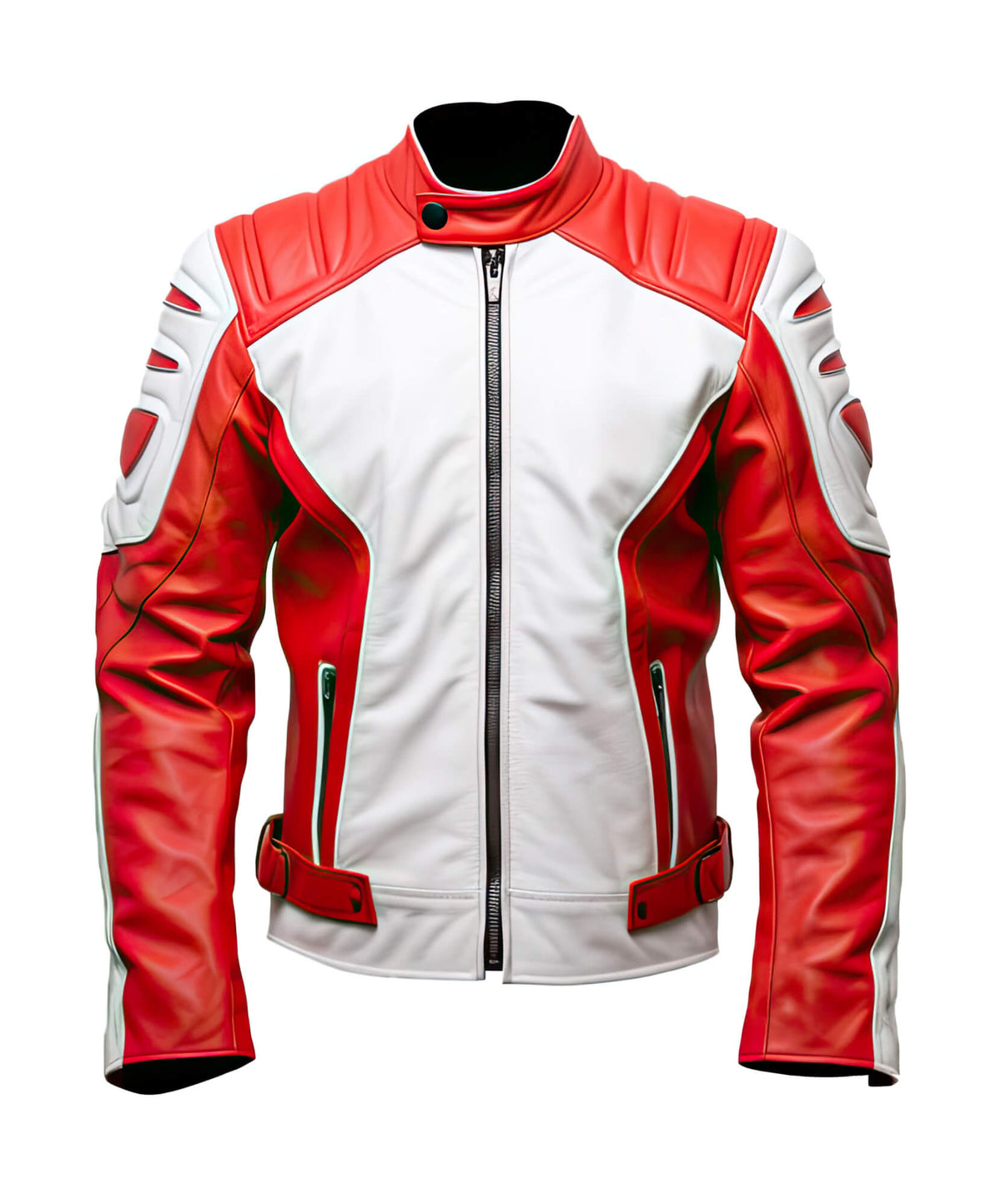 Men's Red White Genuine Sheepskin Stand Collar Zip-Up Elegant Winter Lightweight Punk Biker Scooter Leather Jacket - Front View - Docacca