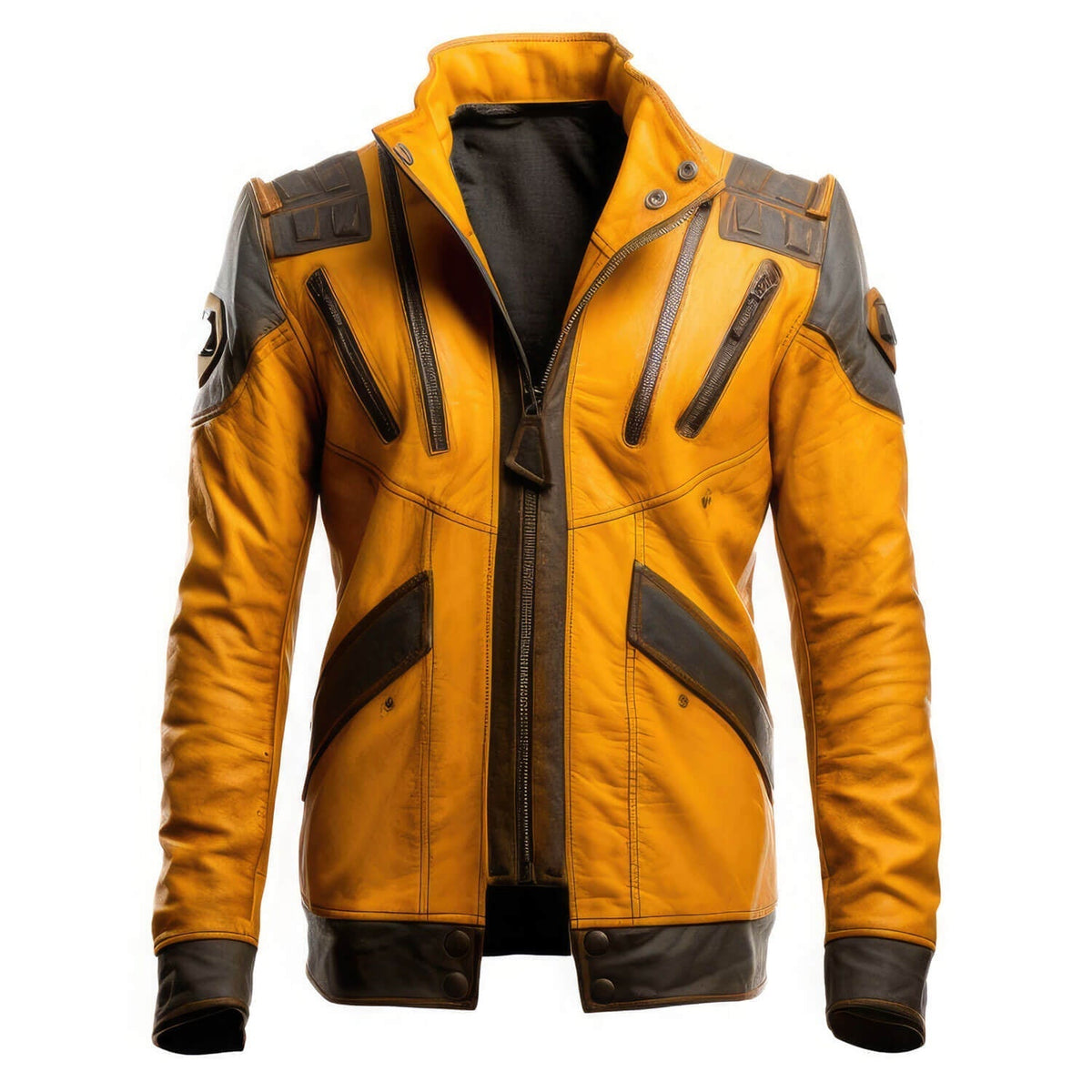 Men's Brown Mustard Yellow Genuine Sheepskin Stand Collar Vintage Outerwear Winter Warm Military Style Leather Jacket - Front View - Docacca