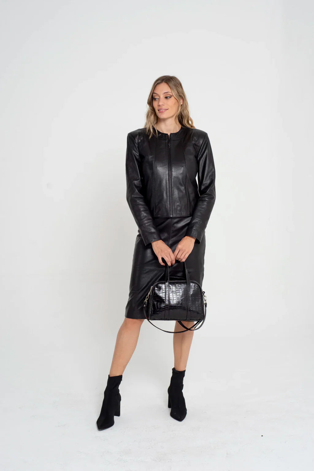 Black Collarless Women Leather Jacket