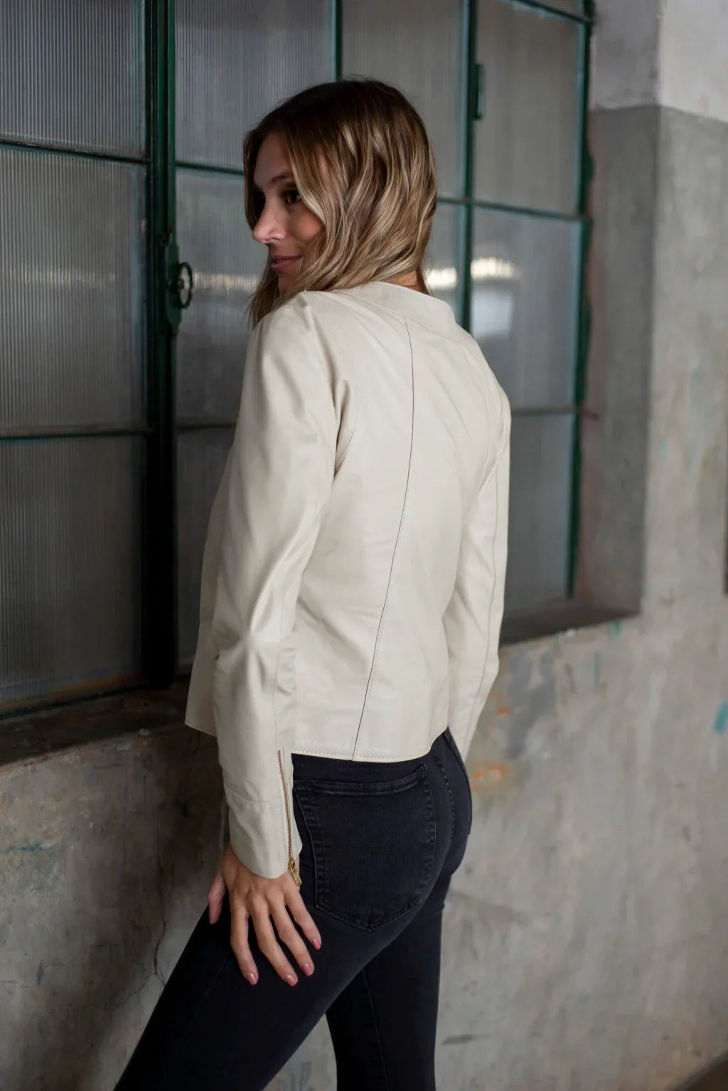 Collarless Women Leather Jacket