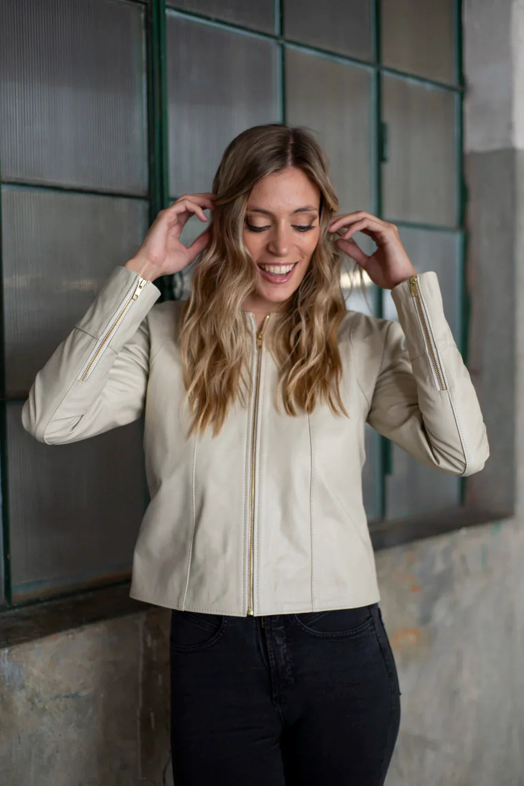 Collarless Women Leather Jacket