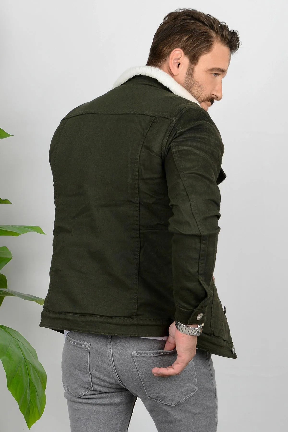 Premium Full White Fur Olive Green Denim Jacket for Men Cozy Stylish HB Industries HB INDUSTRIES