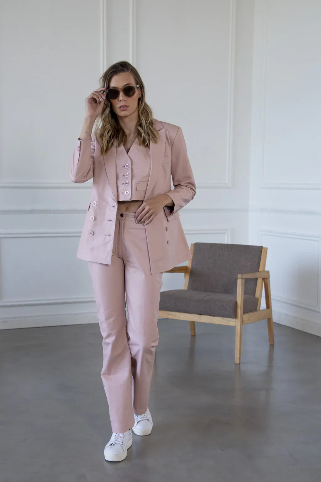 HB INDUSTRIES Rose Pink Leather Blazer For Women (2 Piece)