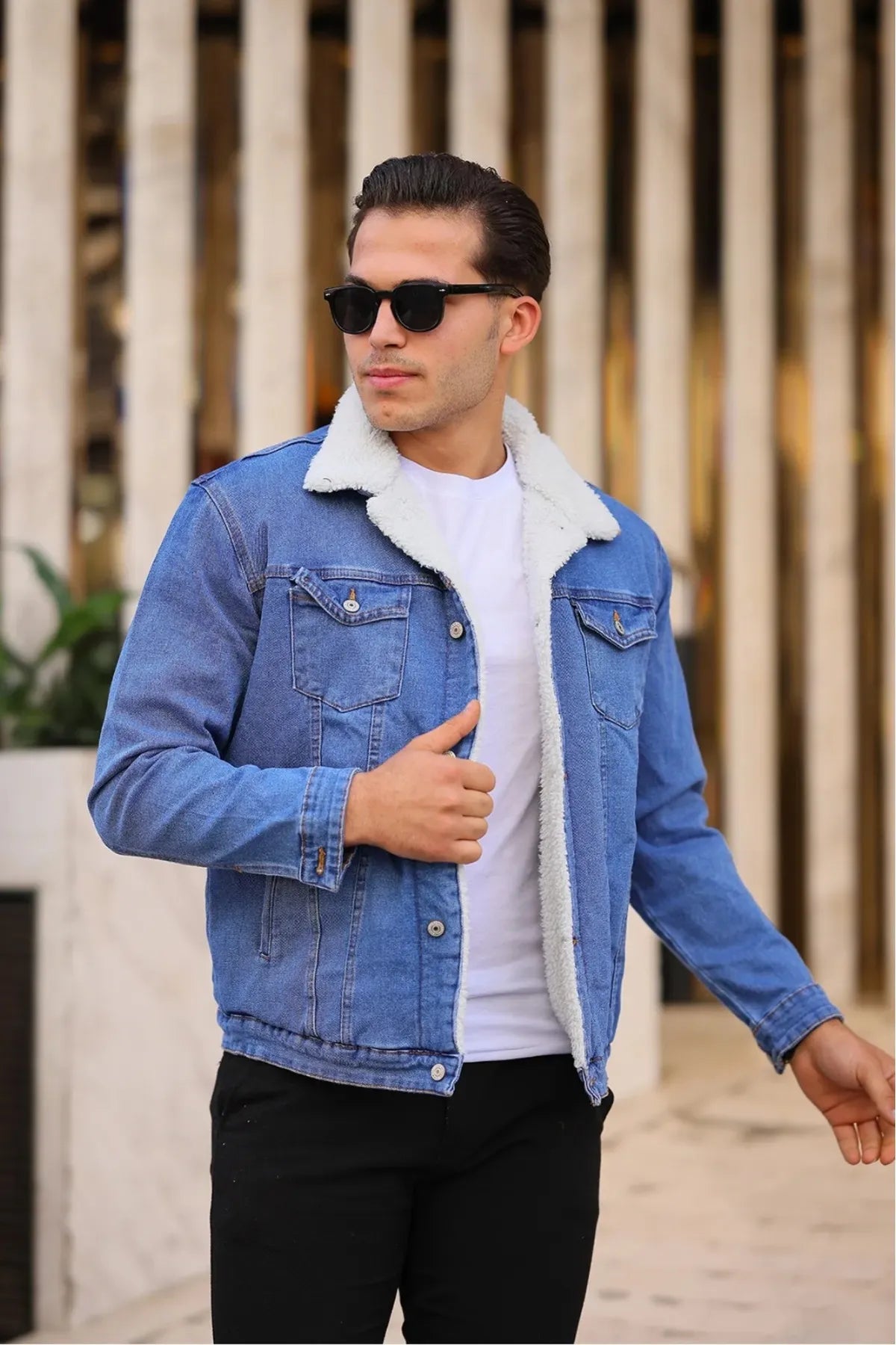 Full White Fur Light Blue Denim Jacket for Men by HB Industries – Stylish winter wear in Pakistan.