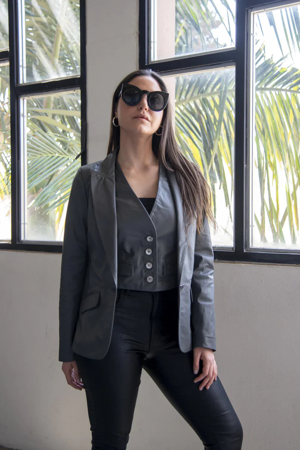 HB INDUSTRIES Grey Leather Blazer For Women (2 Piece)