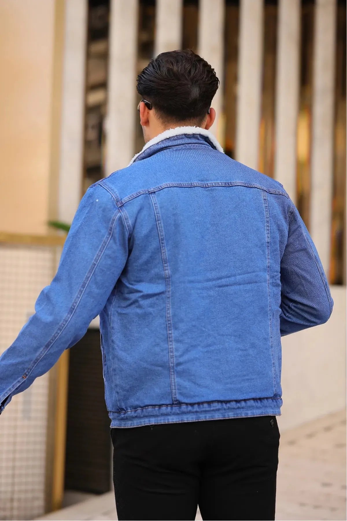 Men’s full white fur-lined light blue denim jacket available for delivery across Pakistan by DOCACCA.