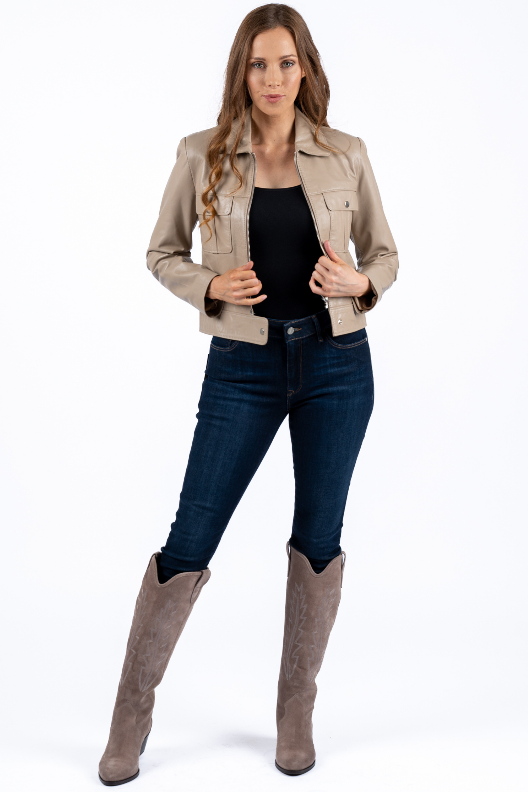 Astrid Beige Crop Leather Jacket Women