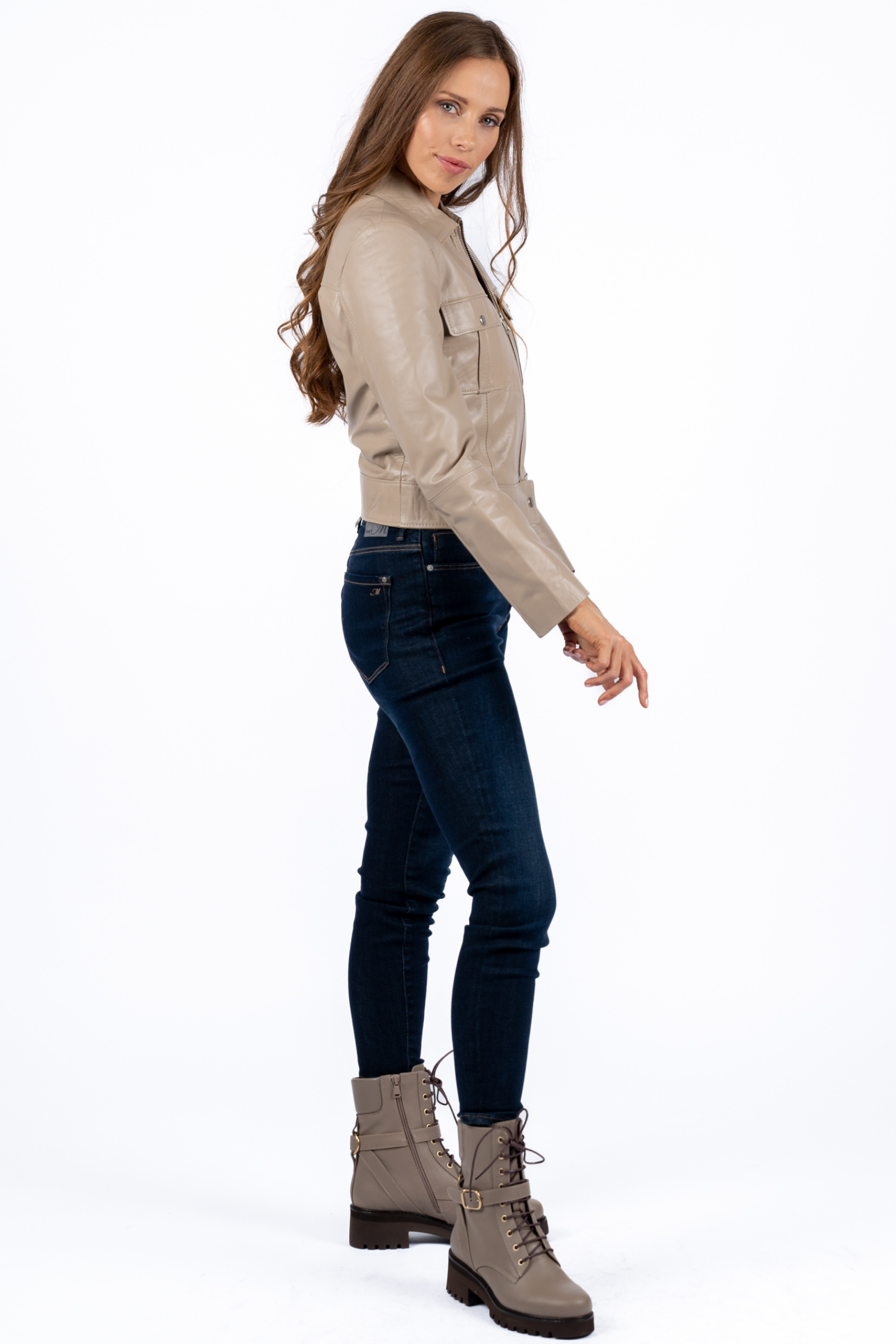 Astrid Beige Crop Leather Jacket Women