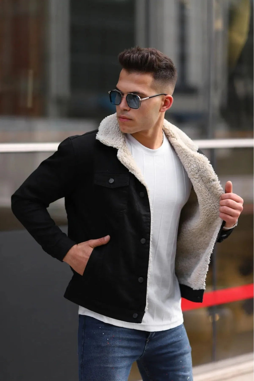 Men's Off White Fur Black Denim Jacket – Premium Style by HB Industries