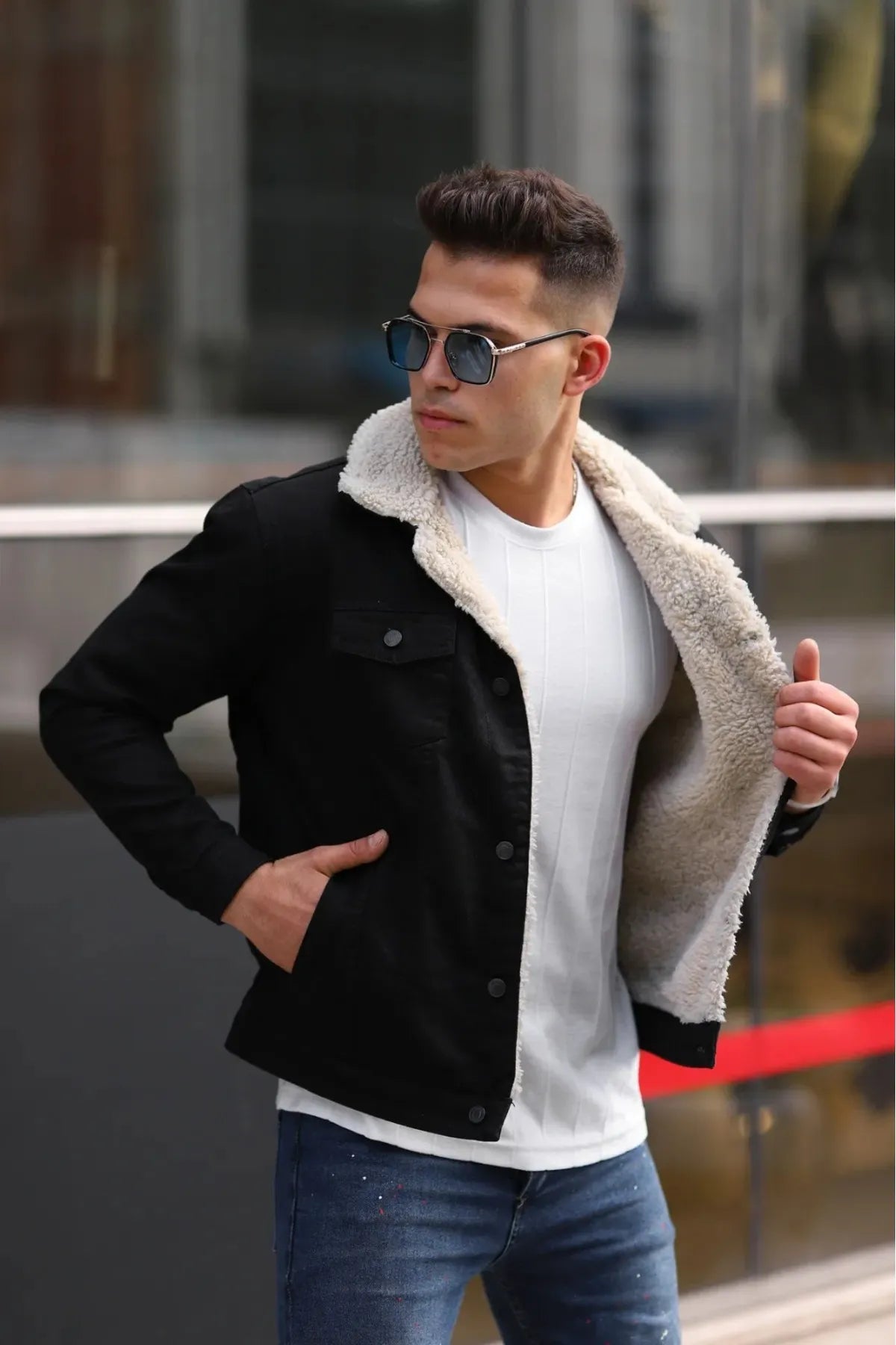 Men's Off White Fur Black Denim Jacket – Premium Style by HB Industries