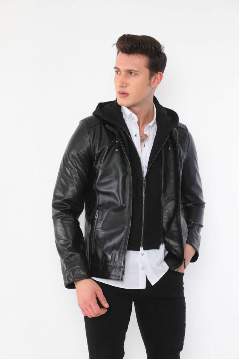 HB INDUSTRIES Luca Black Hooded Leather Jacket