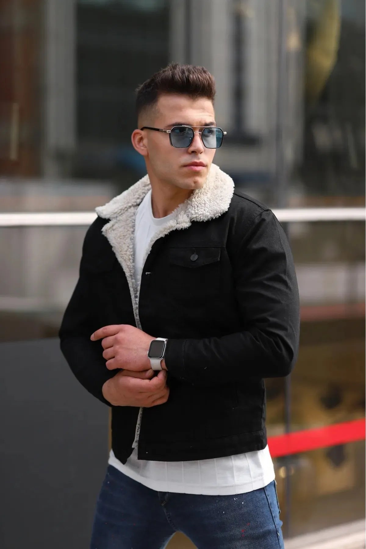 Men's Off White Fur Black Denim Jacket – Premium Style by DOCACCA