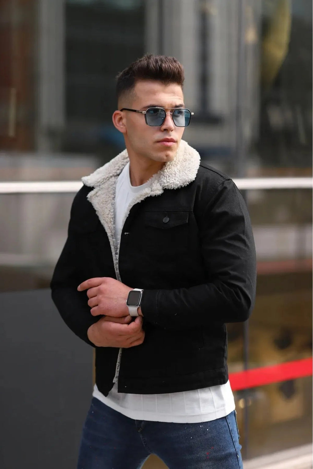 Men's Off White Fur Black Denim Jacket – Premium Style by HB Industries
