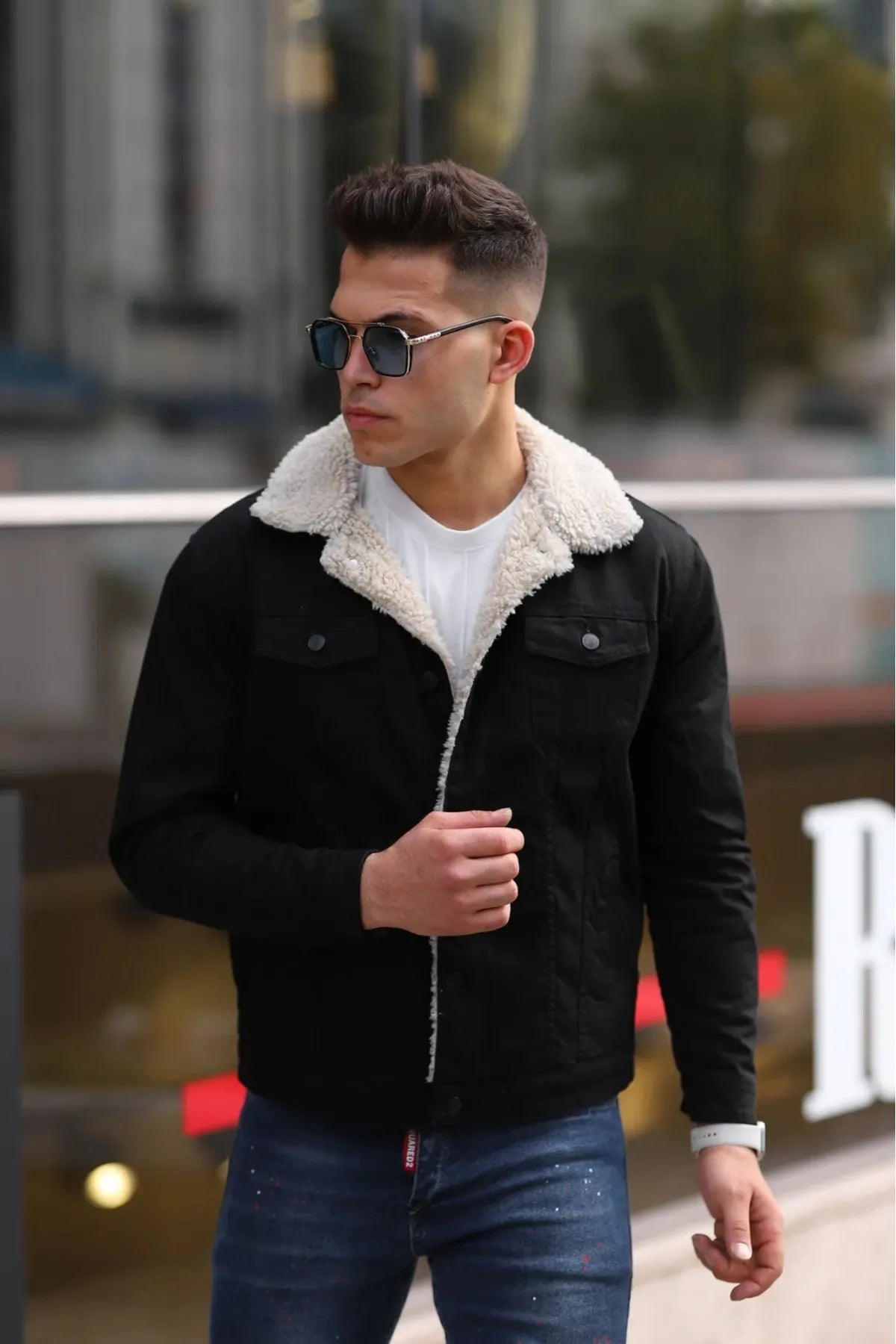 Men's Off White Fur Black Denim Jacket – Premium Style by DOCACCA