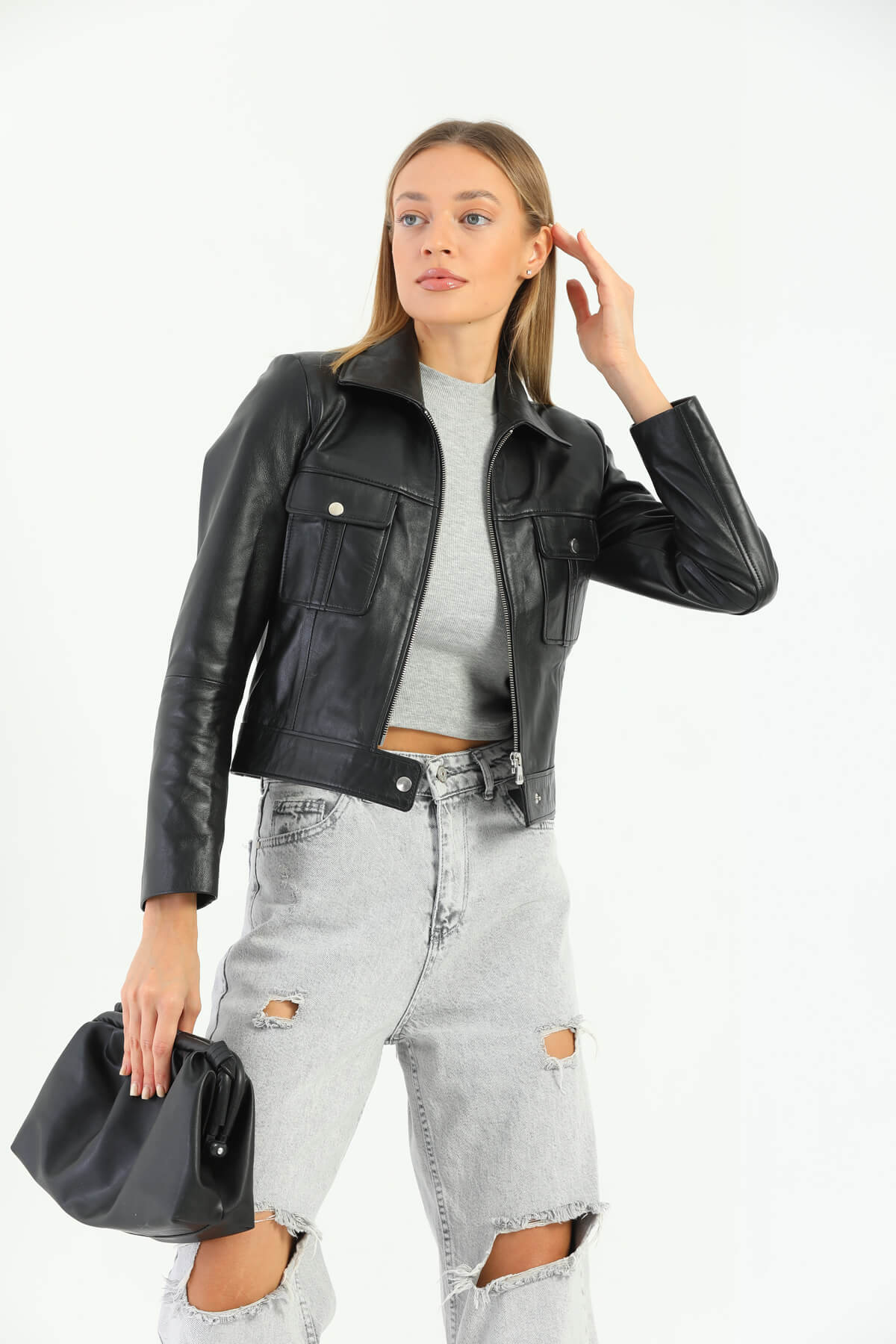 Astrid Glossy Black Crop Leather Jacket Women