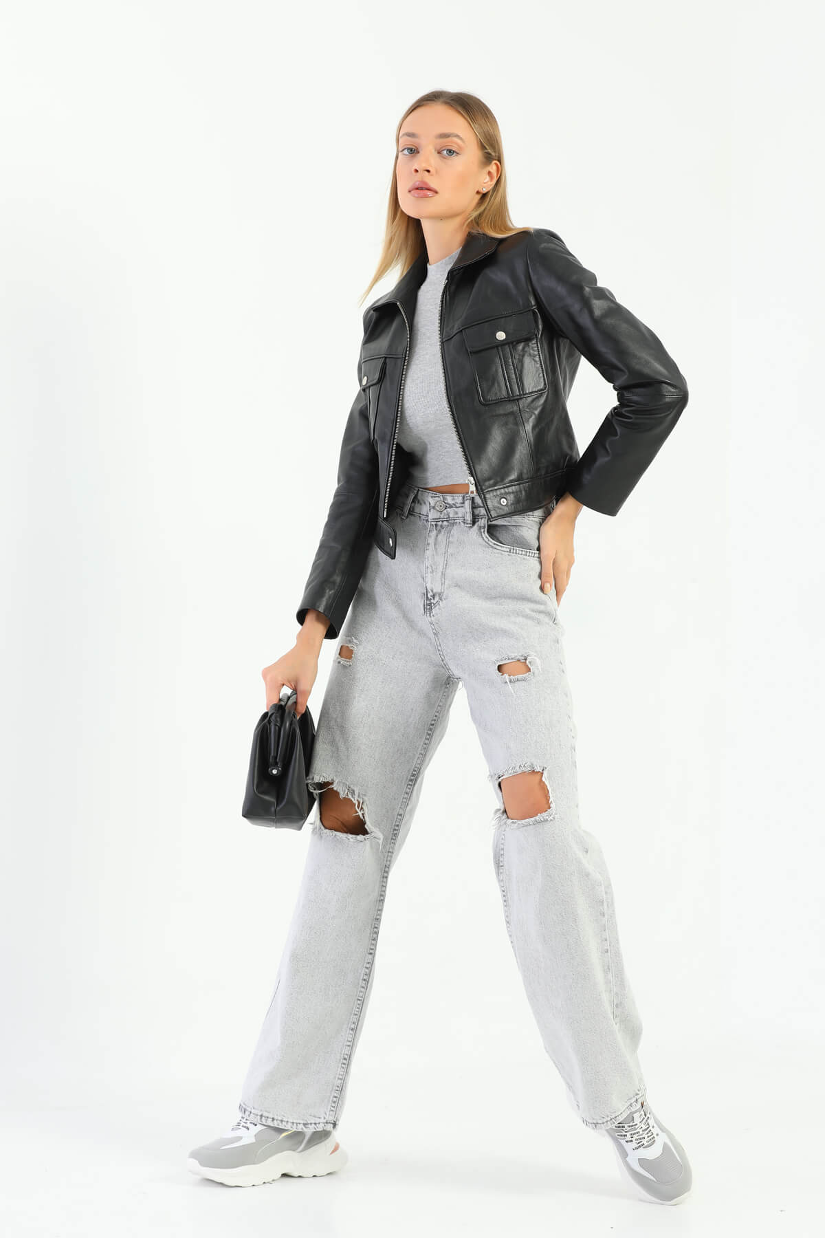 Astrid Glossy Black Crop Leather Jacket Women