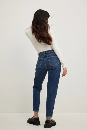 Back View of Mid Blue Mom High Waist Jeans