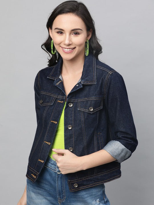 Women Navy Blue Solid Denim Jacket