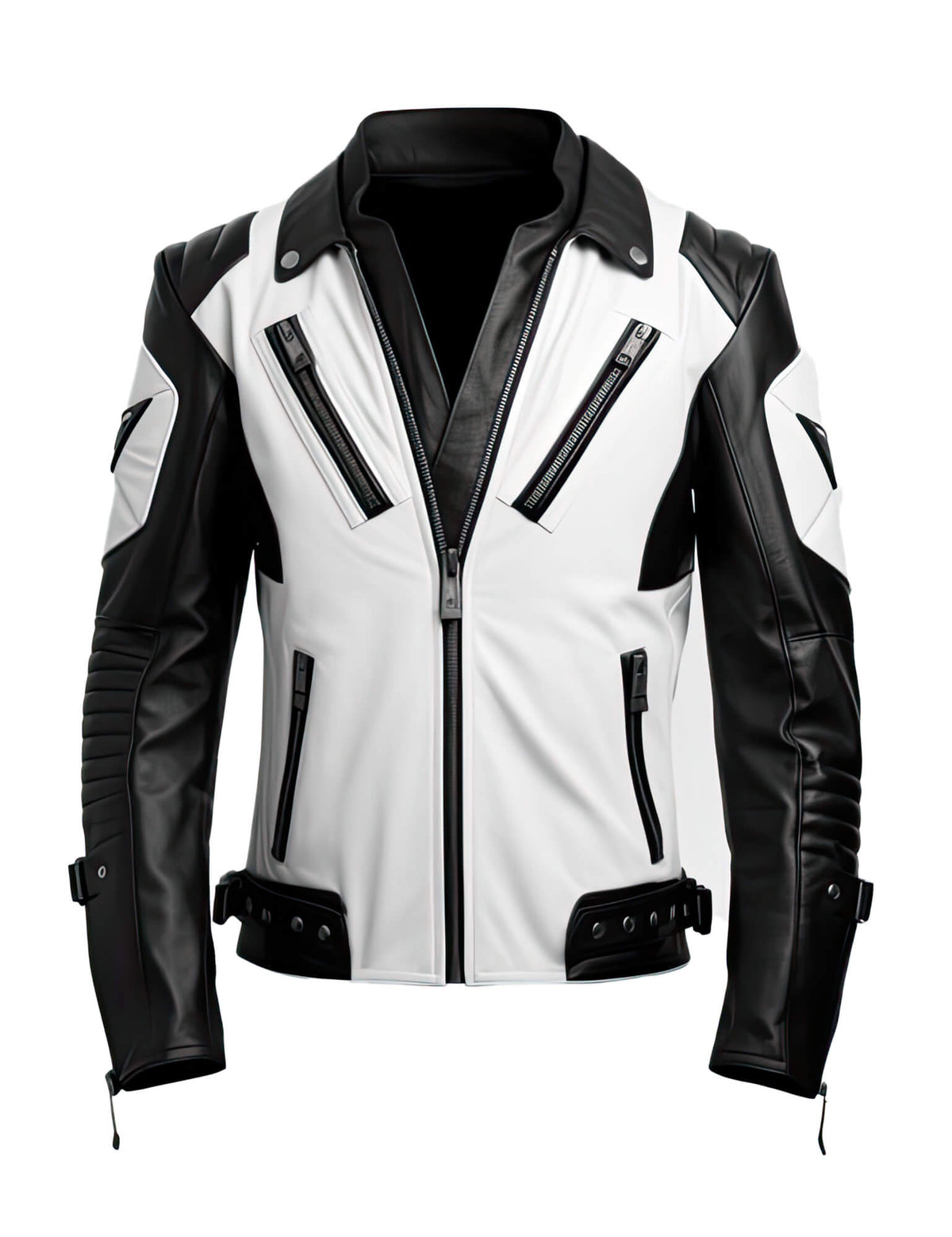 Men's White Black Genuine Sheepskin Stand Collar V-Neck Quilted Belted Soft Casual Slim-fit Moto Biker Leather Jacket - Front View - Docacca