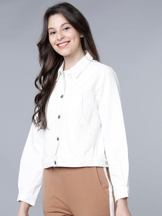 Women White Solid Crop Denim Jacket – Trendy Lightweight Layer for Pakistani Summers | HB INDUSTRIES