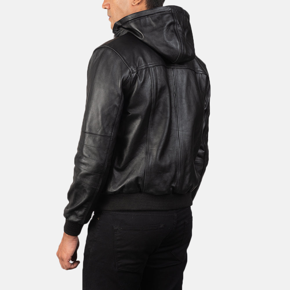 Black Leather Hooded Bomber Jacket