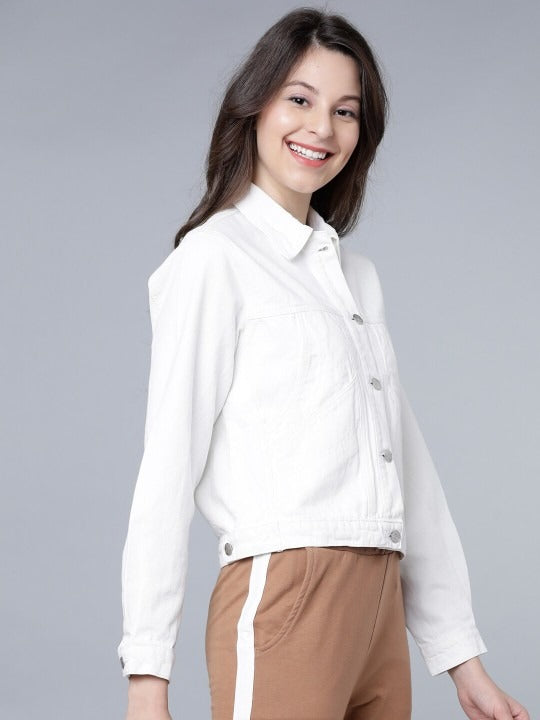 Women White Solid Crop Denim Jacket – Trendy Lightweight Layer for Pakistani Summers | HB INDUSTRIES