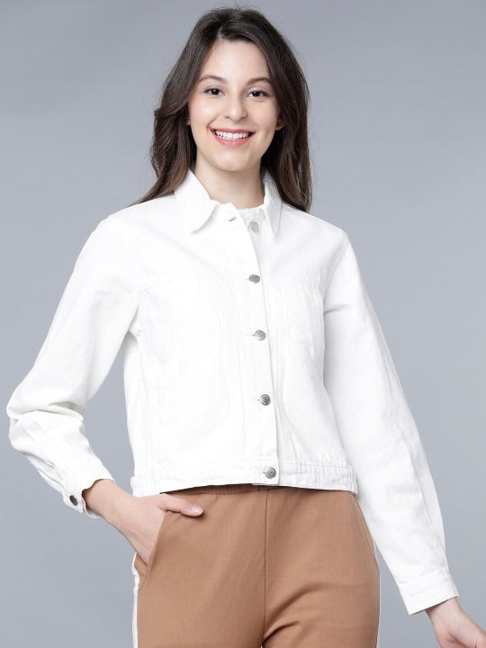 Women White Solid Crop Denim Jacket – Trendy Lightweight Layer for Pakistani Summers | HB INDUSTRIES