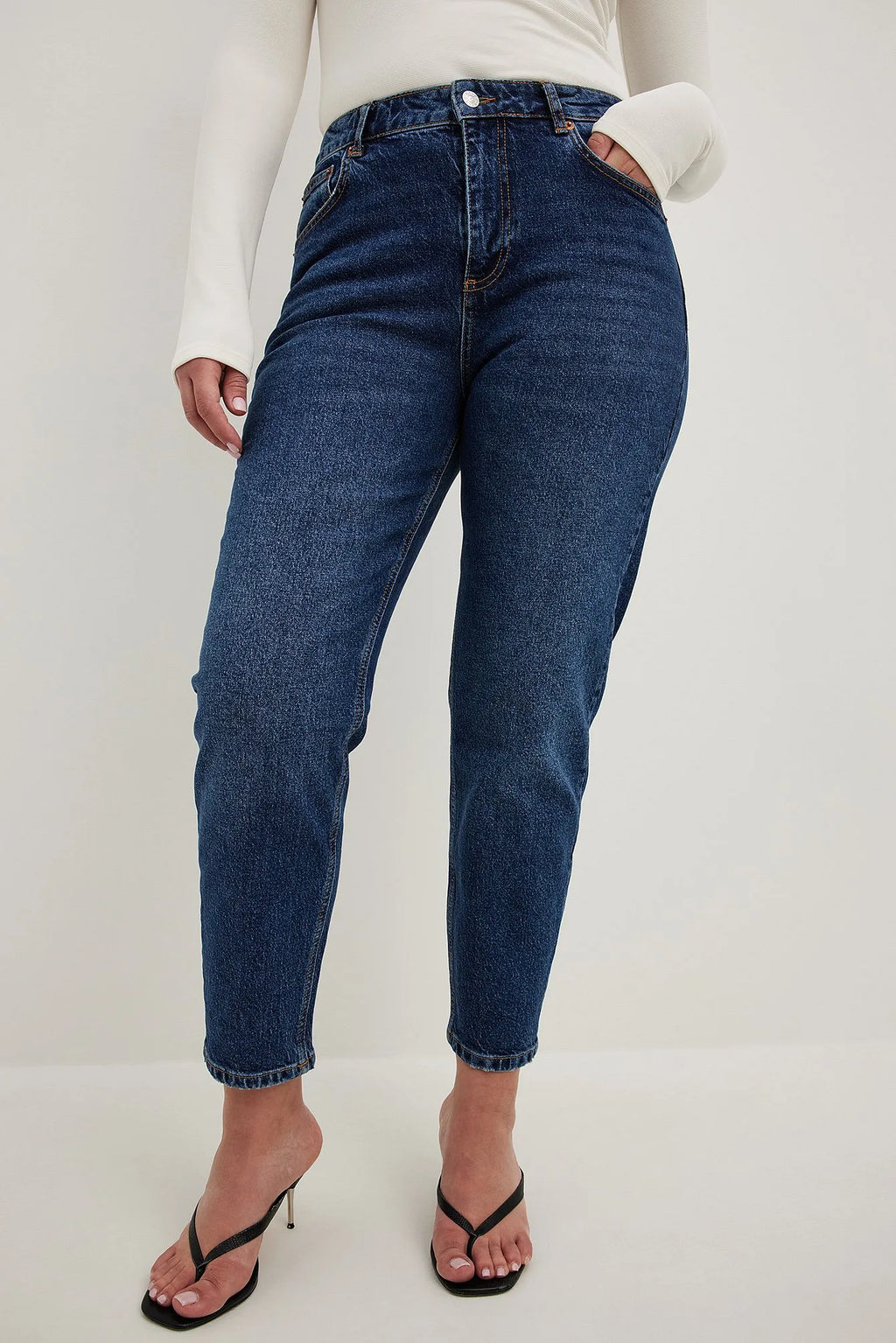 Front View of Mid Blue Mom High Waist Jeans