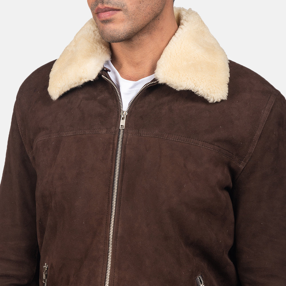 Coffee Brown Shearling Fur Suede Leather Jacket