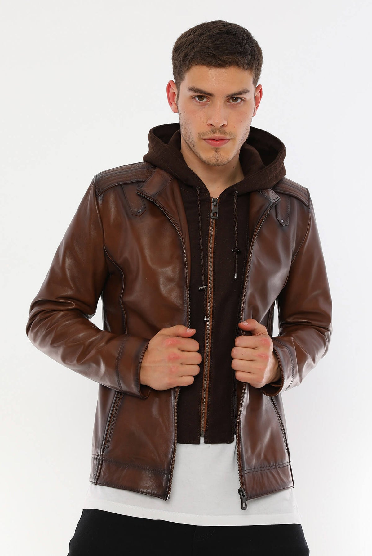 HB INDUSTRIES Luca Brown Hooded Leather Jacket