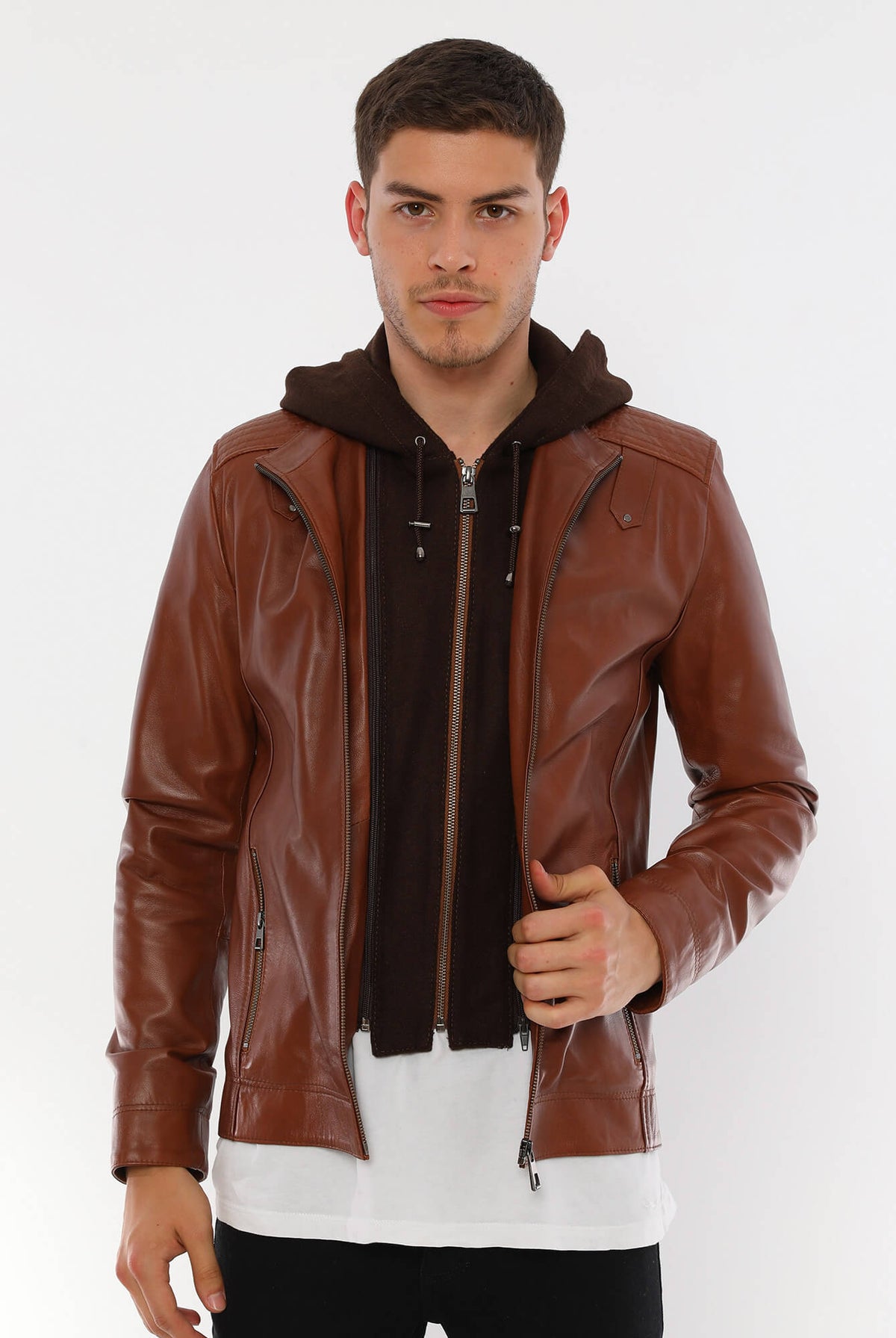 HB INDUSTRIES Luca Tan Hooded Leather Jacket