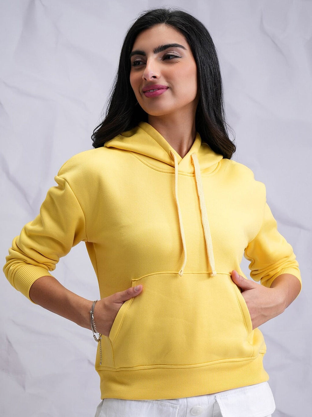 Yellow Relaxed Hooded Pullover Hoodie for Women — Casual Cotton-Blend Sweatshirt | HB INDUSTRIES Pakistan