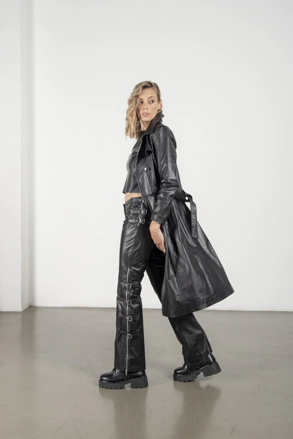 Black Leather Long Coat For Women