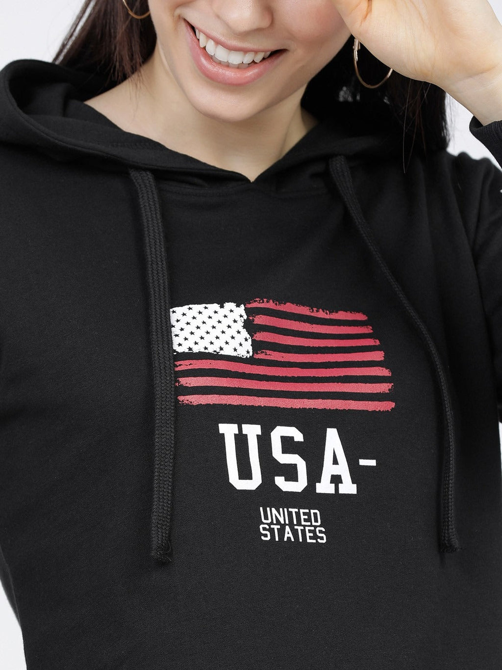 Women Black & White Printed Hooded Hoodie — Graphic Pullover with Kangaroo Pocket | HB INDUSTRIES Pakistan