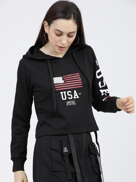 Women Black & White Printed Hooded Hoodie — Graphic Pullover with Kangaroo Pocket | HB INDUSTRIES Pakistan