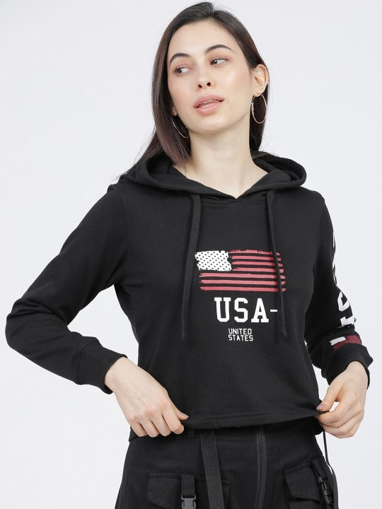 Women Black & White Printed Hooded Hoodie — Graphic Pullover with Kangaroo Pocket | HB INDUSTRIES Pakistan