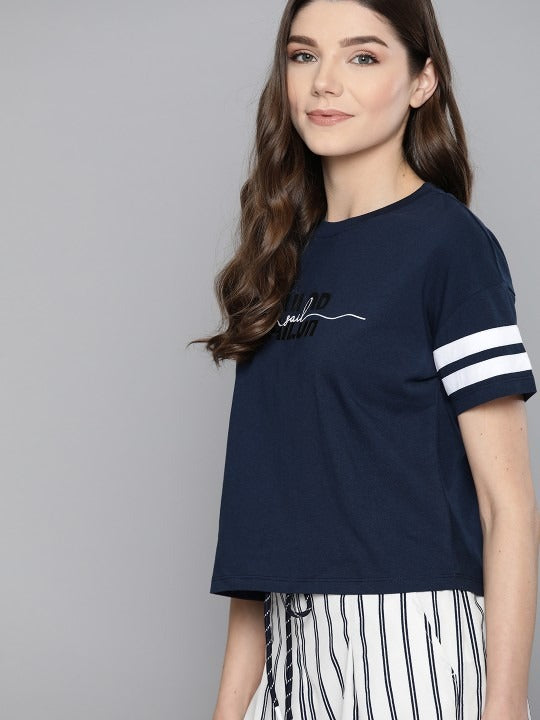 Women Navy Printed Pure Cotton Round Neck T-shirt
