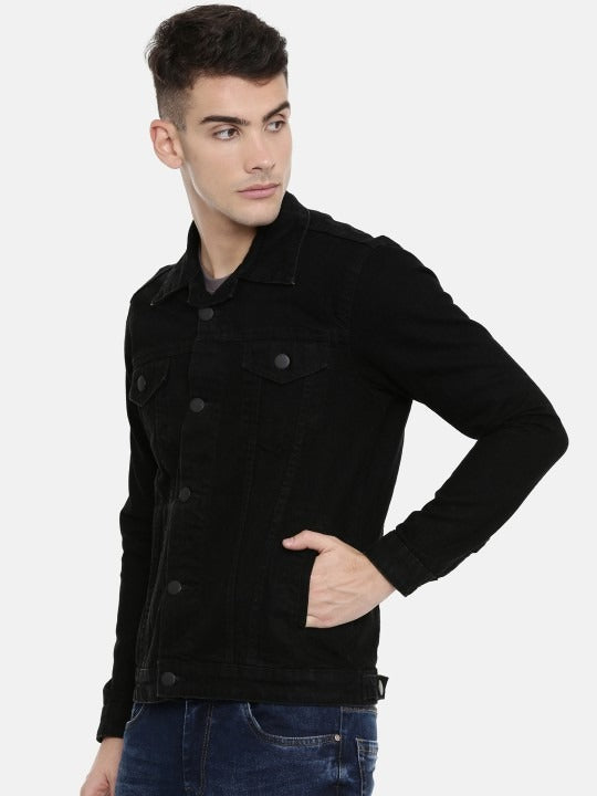 Men Black Solid Denim Jacket – Urban Cotton Outerwear for Pakistani Weather | DOCACCA
