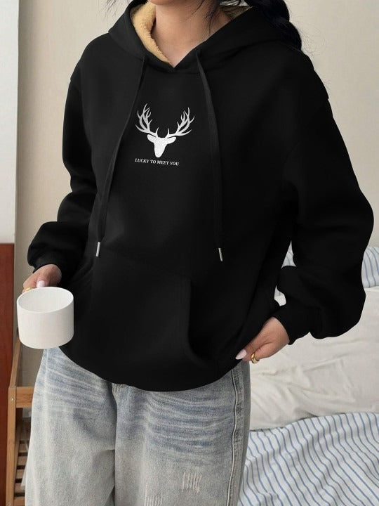 Women Printed Black Hooded Hoodie — Graphic Pullover with Kangaroo Pocket | HB INDUSTRIES Pakistan