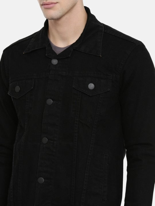 Men Black Solid Denim Jacket – Urban Cotton Outerwear for Pakistani Weather | DOCACCA