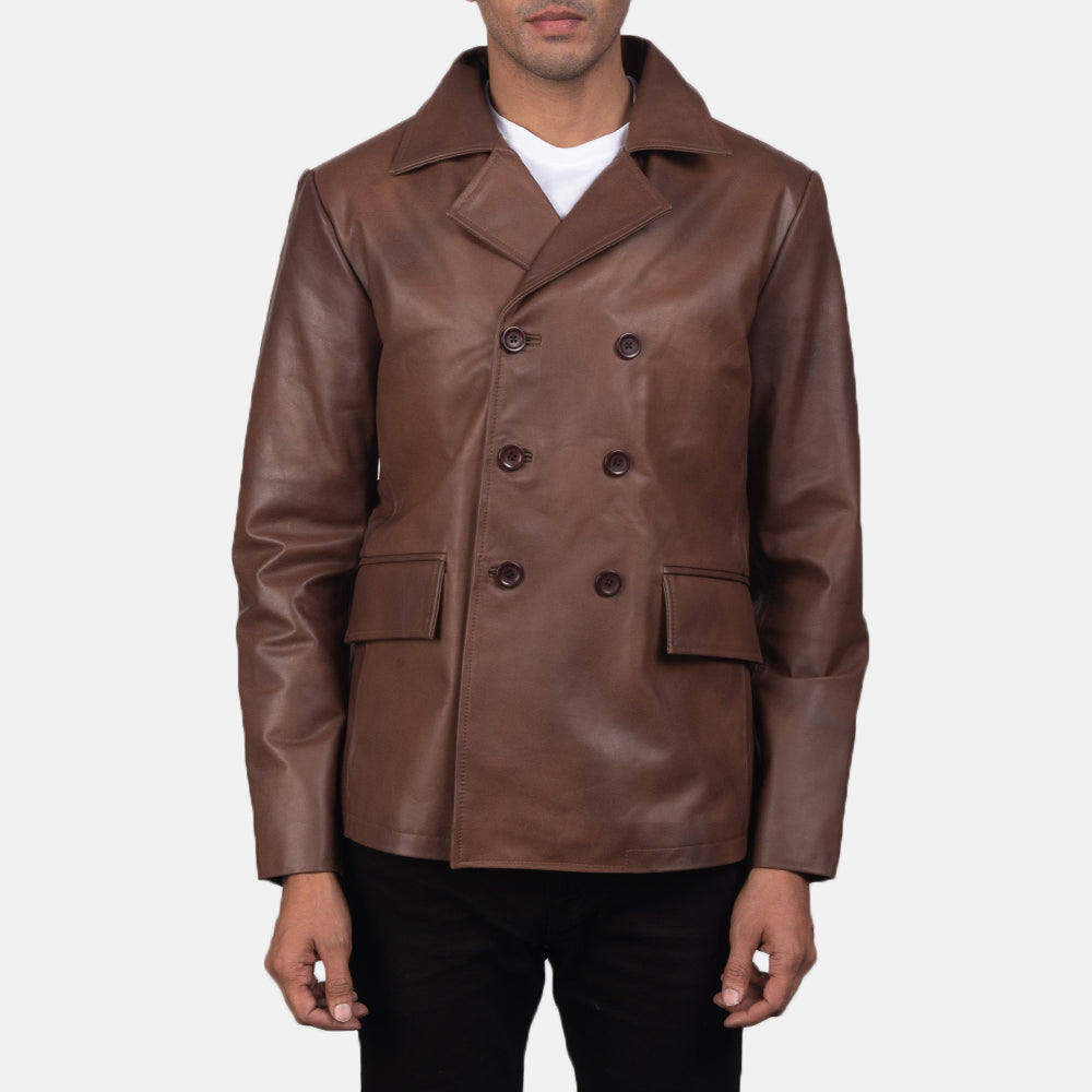 HB INDUSTRIES Brown Genuine Leather Naval Peacoat