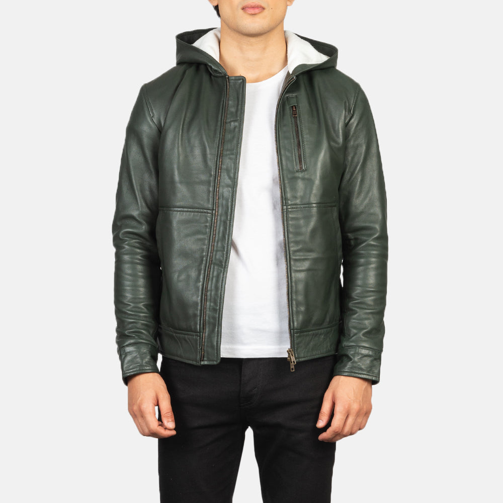 HB INDUSTRIES Green Hooded Leather Bomber Jacket
