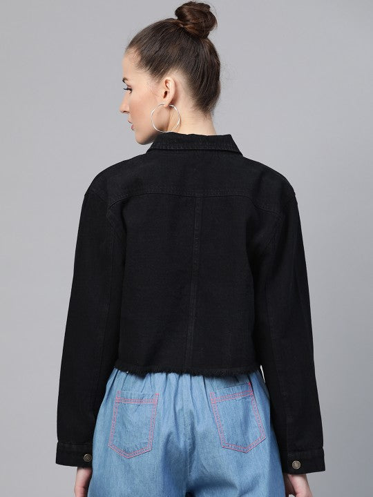 Women Black Solid Fringed Hem Denim Jacket