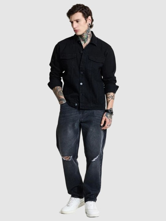 Men’s Solid Cotton Denim Jacket – Relaxed Fit Casual Outerwear for All Seasons in Pakistan