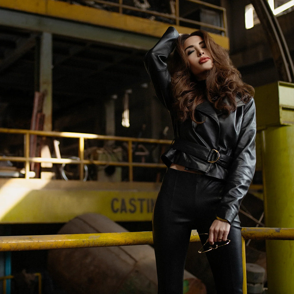 Crop Leather Biker Jacket For Womens