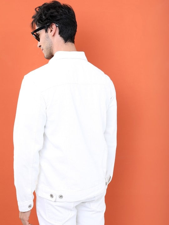 Men White Solid Denim Jacket by HB INDUSTRIES – Timeless Urban Style for Pakistani Weather